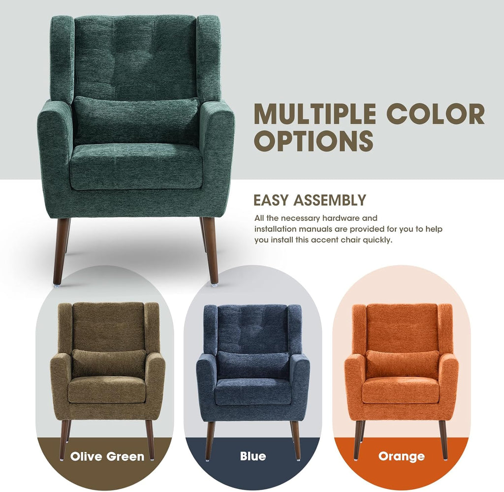 Accent Arm Chairs , Chenille Upholstered Mordern Armchair, Comfy Soft Padded Lounge Chair , Pillow, Solid Wood Leg