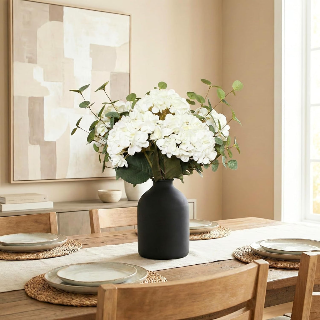 Real Touch White Faux Hydrangea And Eucalyptus Arrangement, Faux Floral Arrangements, Hyper Realistic Artificial