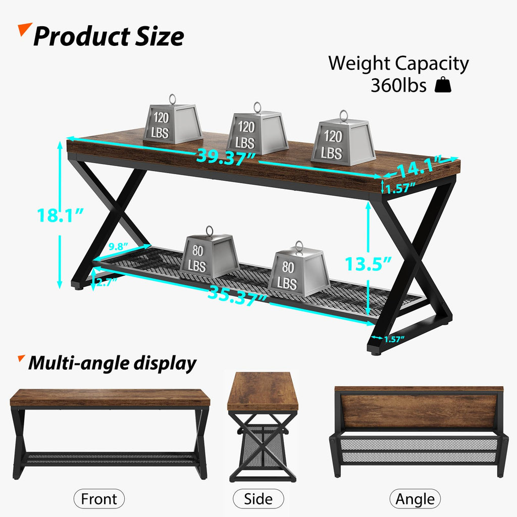 Rustic Brown Entryway Bench, 39" Industrial Shoe Bench with Storage