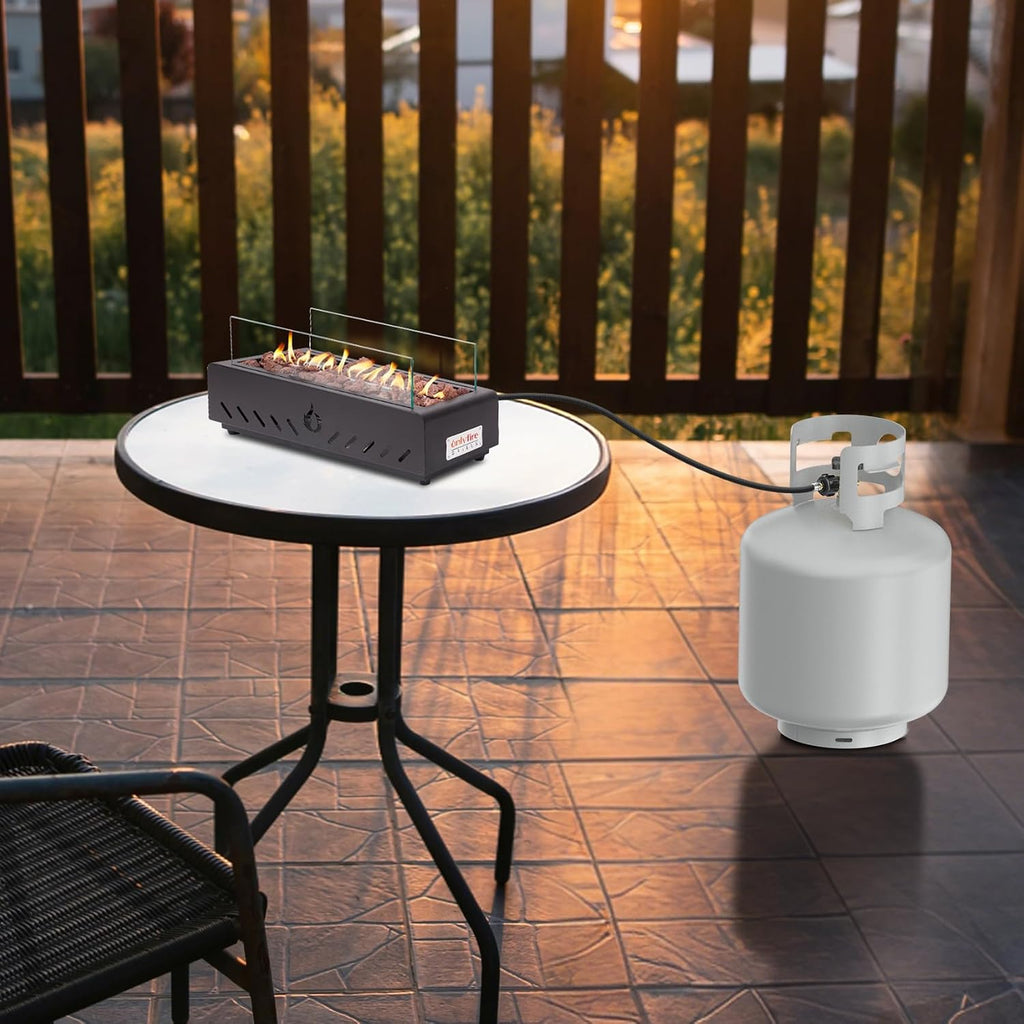 18 Inch Table Top Propane Fire Pit, Rectangular Tabletop Firepit with Lava Rocks, Glass Shield & 6.8 ft Hose