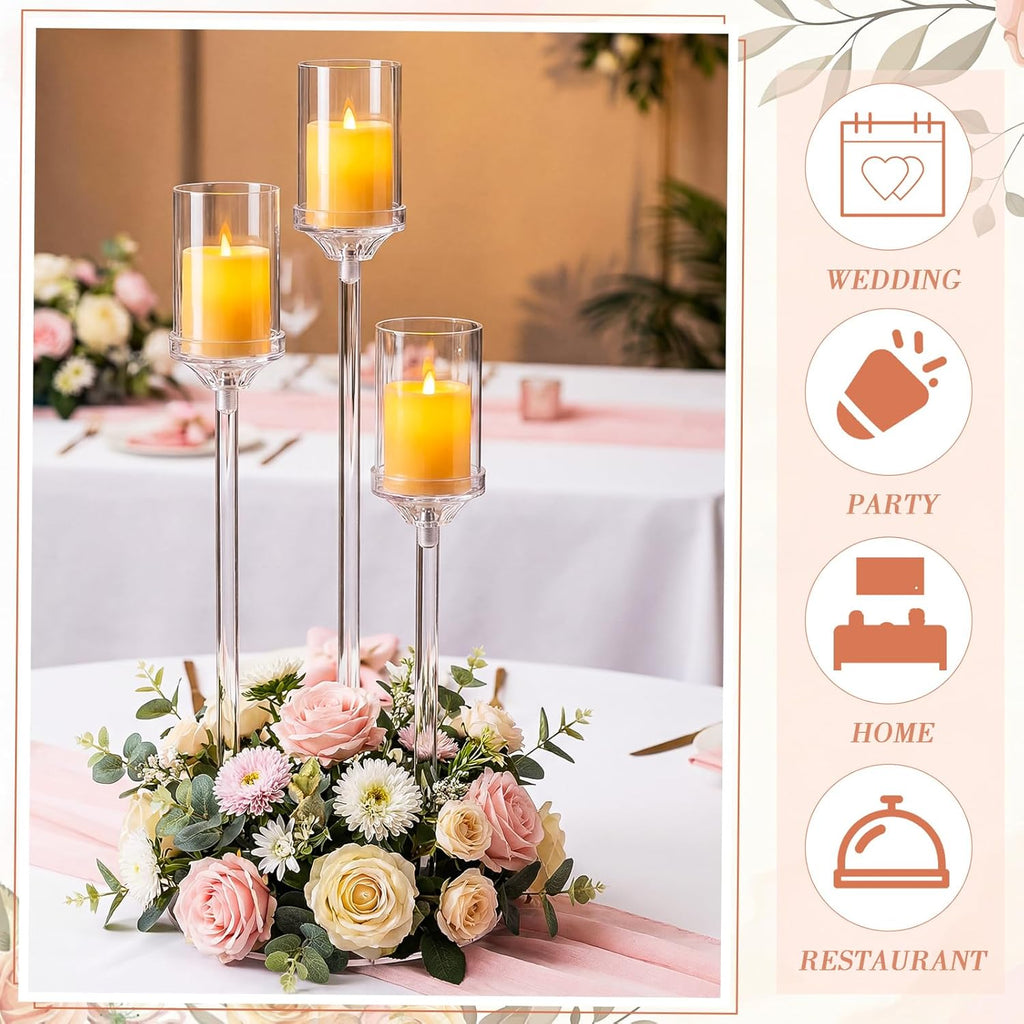 2 Pcs 3 Arms Acrylic Candelabras with Lampshade Set 30 Inch Wedding Table Candelabra Centerpieces Clear Candle Holder