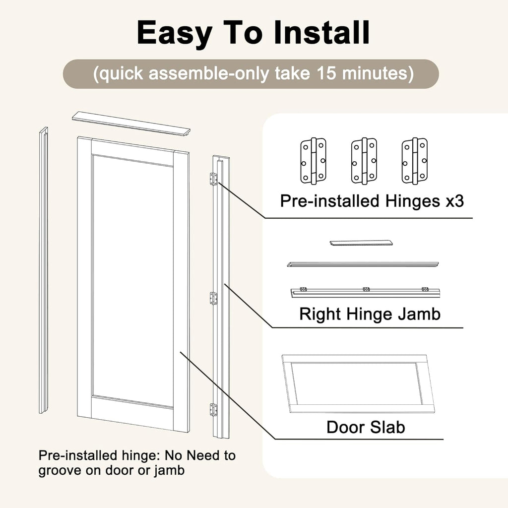 32" x 80" Prehung Door 5-Lite Tempered Frosted Glass Slab Doors with Jamb Kit, Solid Core MDF Interior Door for Bathroom Pantry Laundry, Easy Assemble - Right Handed