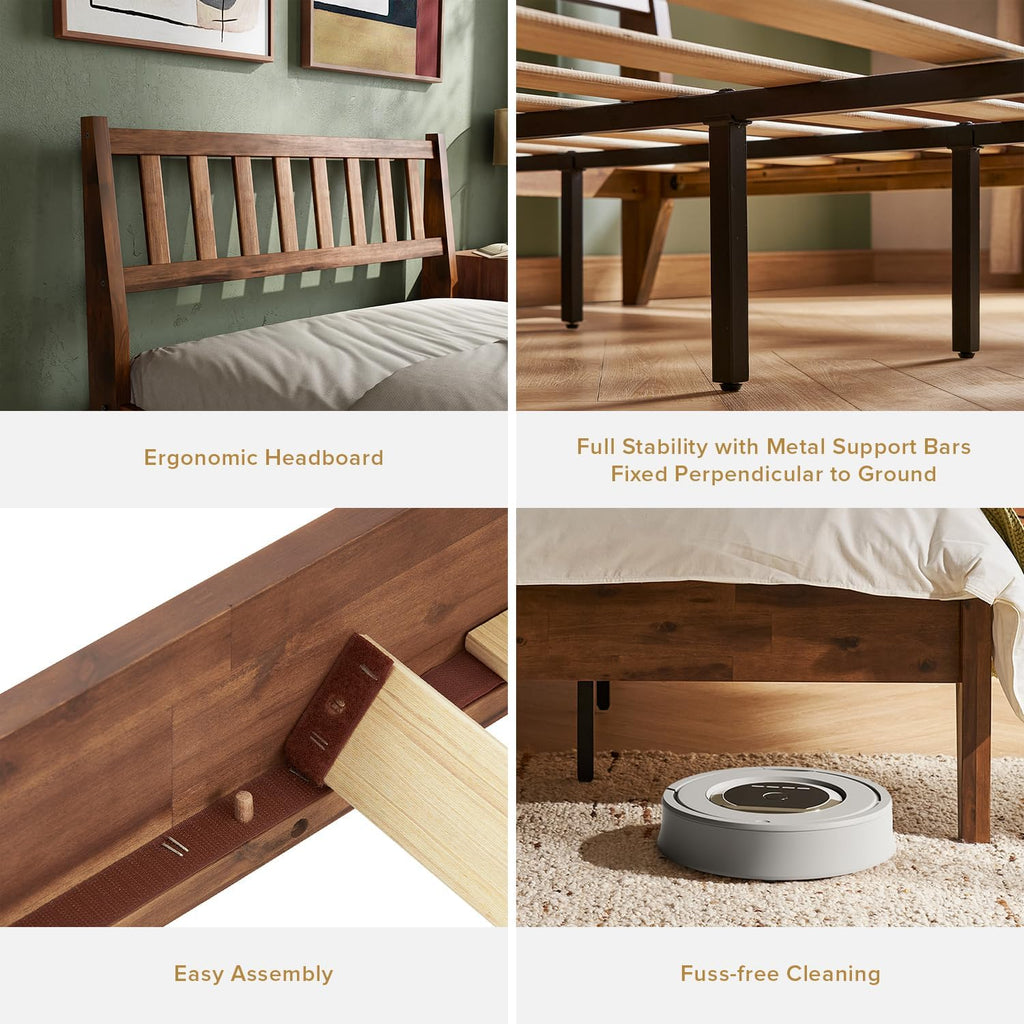 Ted Bed Frame with Headboard, Mid Century Modern Acacia Solid Wood Platform Bed Frame, Wooden Slats, No Box Spring