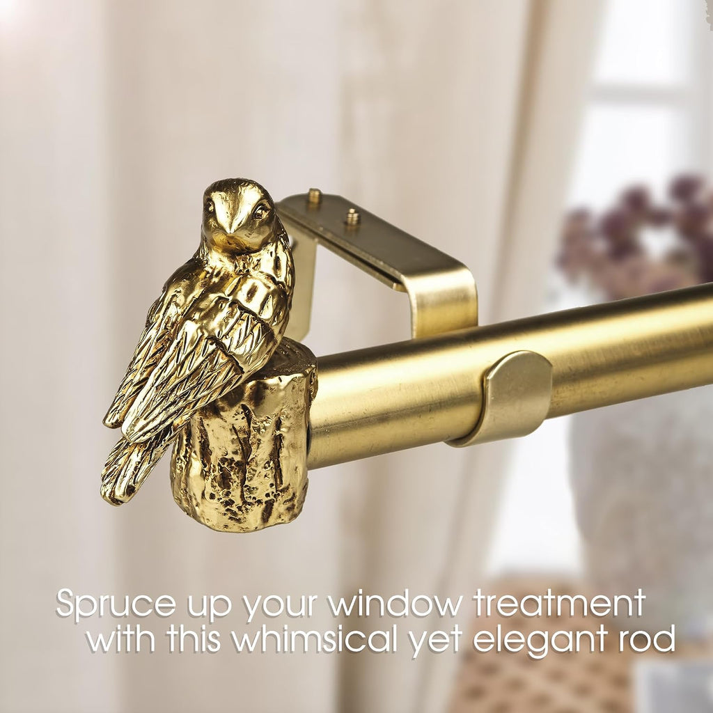 1-1/8 Inch Diameter Brushed Gold Curtain Rod with Bird Design Finials, 36-72'' Telescoping Single Curtain Rods for