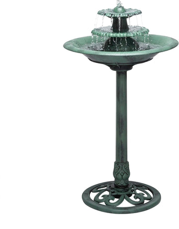 35" Tall 3-Tier Outdoor Pedestal Water Fountain - Durable Resin Cascading Water Feature and Birdbath, Green