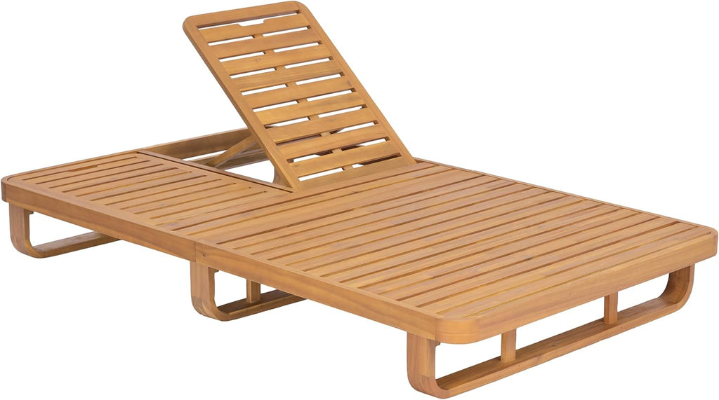 Double Acacia Wood Chaise Lounge with Dual Adjustable Backrests, Patio Outdoor Chaise Lounge, Wooden Sunbathing Pool