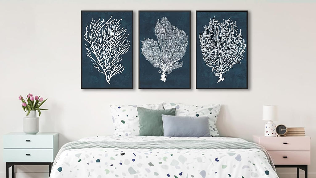 Large Framed Canvas Wall Art, White Coral Decor, 16"x24" Set of 3
