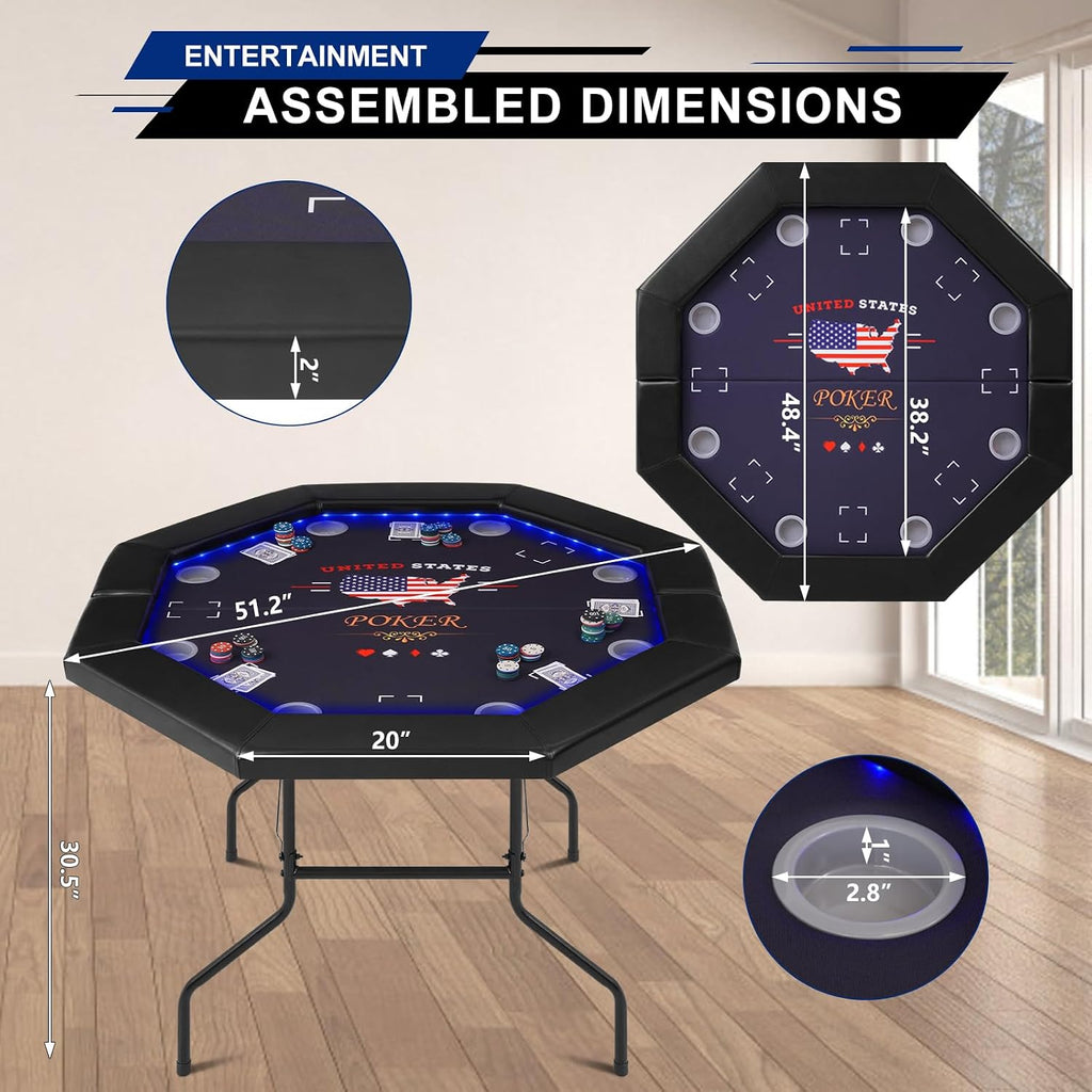 Foldable Poker Table with LED Lights, Octagon Casino Leisure Texas Holdem Table for 8 Player, Folding Blackjack Table
