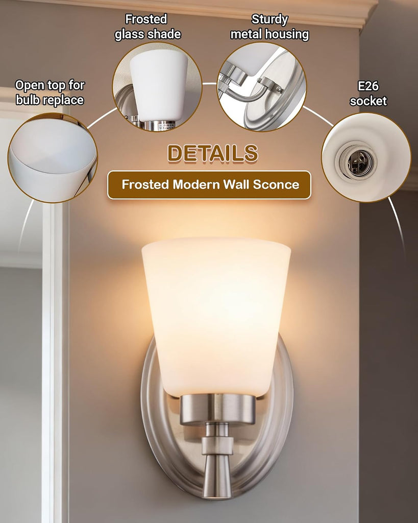 Indoor Wall Sconce, Vanity Light, Rustproof, Brushed Nickel | Wall Light Fixture Over Mirror , Modern Home Decor