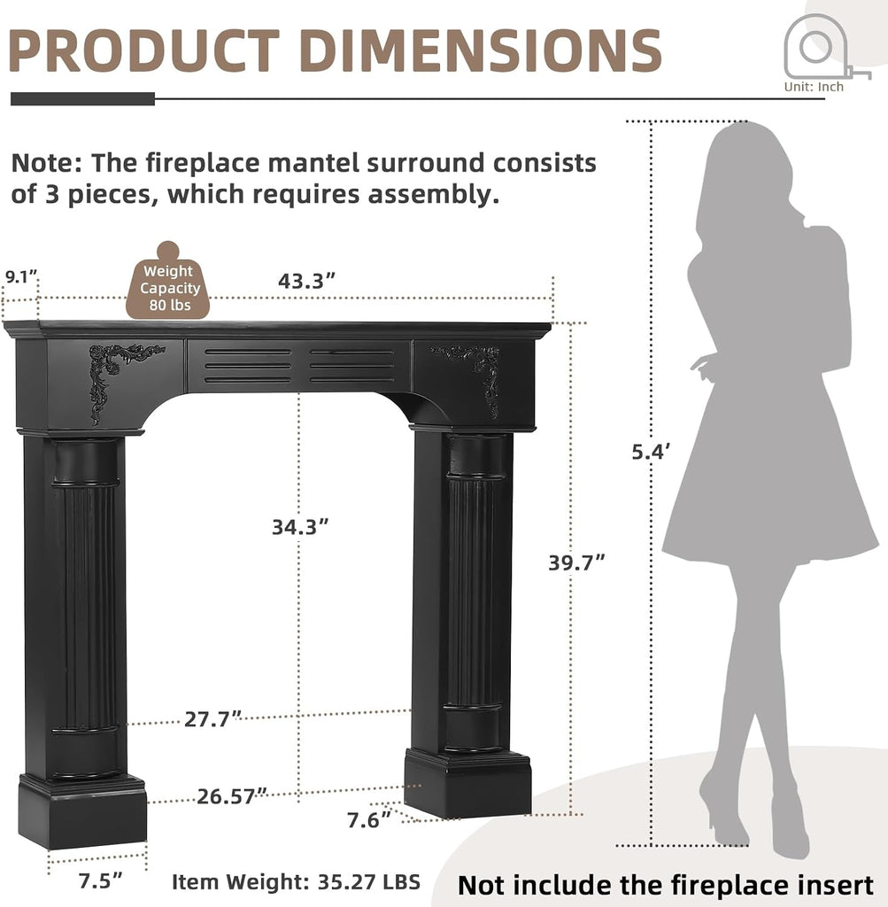 Modern Black Freestanding Surround - Waterproof, Anti-Tipping Premium MDF Mantel with Leg for Living Room Decor