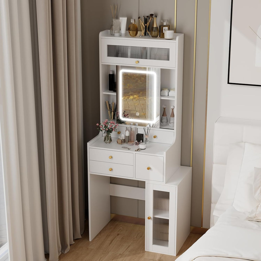 White Mini Vanity Desk with Sliding Mirror Lights and 5 Drawers | Makeup Vanities Set for Small Space,Compact