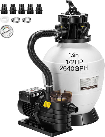Sand Filter Pump with 1/2 HP Motor, 2640 GPH w/Timer for in/Above Ground Pools up to 14,000 Gallons, 7-Way Valve with