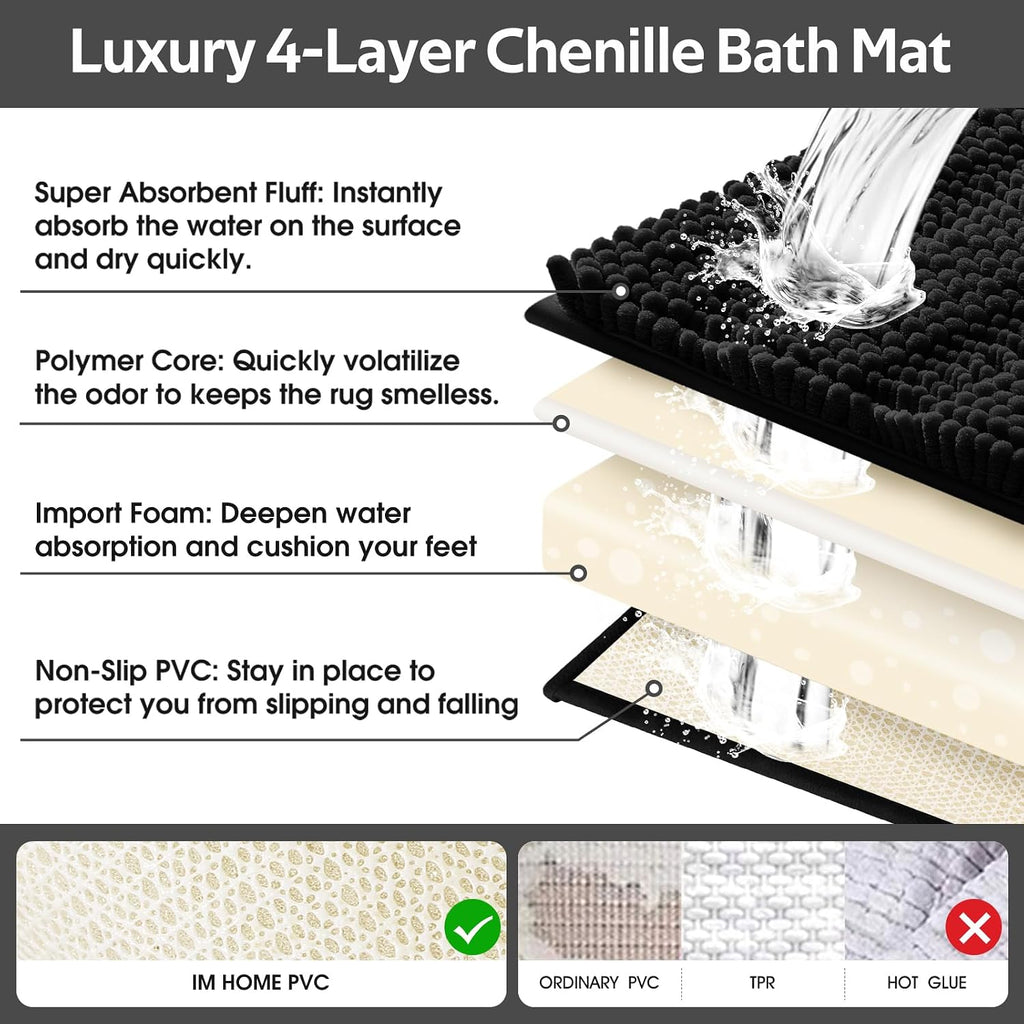 Striped Black Bathroom Rug Set 3 Pieces Ultra Soft, Non Slip Chenille Toilet Mat, Absorbent Plush Shaggy Bath Mats