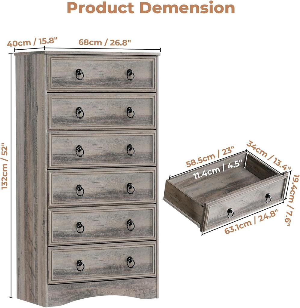 6 Drawer Dresser Tall, 52" Tall Grey Dresser , Chest of Drawers, Large Storage Organizer for Clothes, Grey Vintage