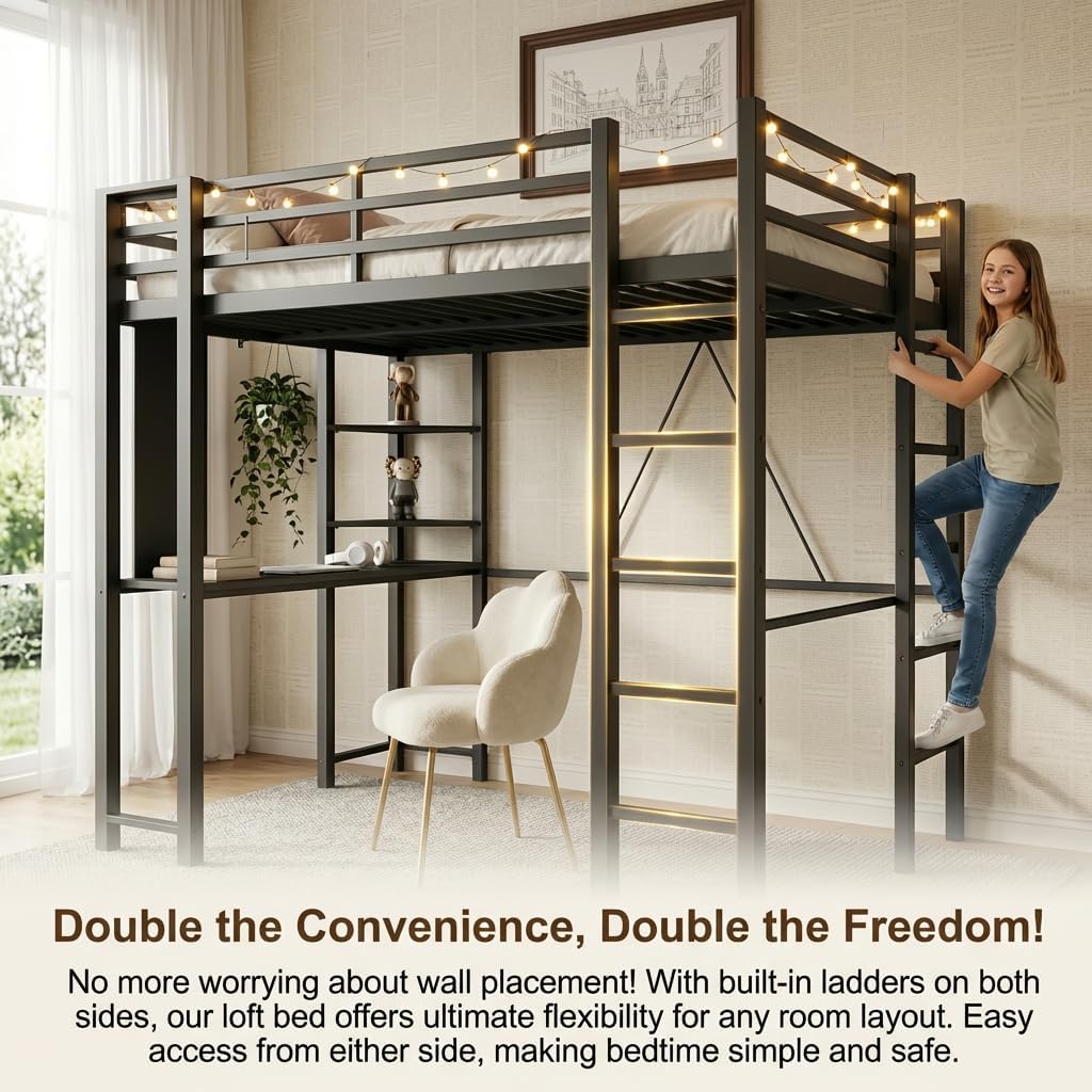 Loft Bed with Desk, Metal Loft Bed Full with 2 Built-in Ladders, Space-Saving Bed Frame, with Safety Guard