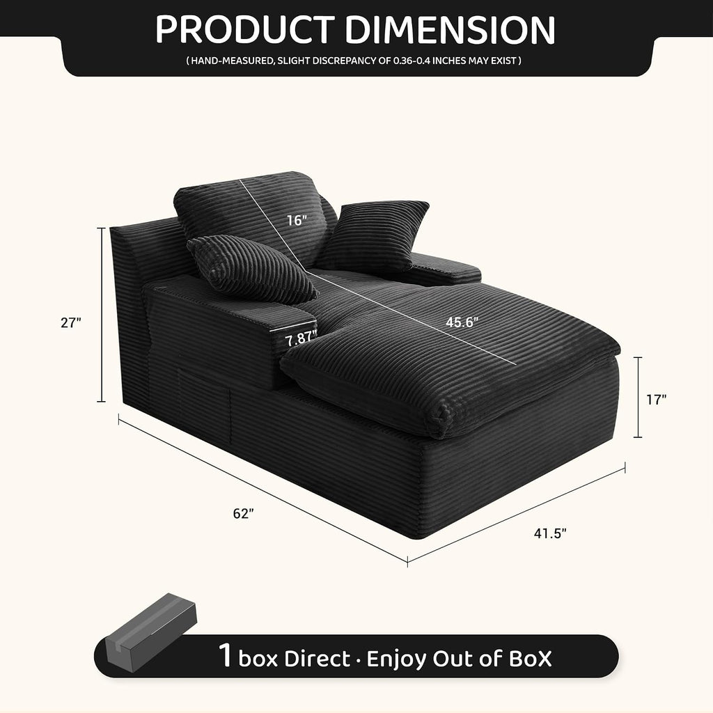 63" Chaise Lounge Chair Indoor, Set of Convertible Sleeper Sofa Couch with Throw Pillows & Side Pockets, Corduroy