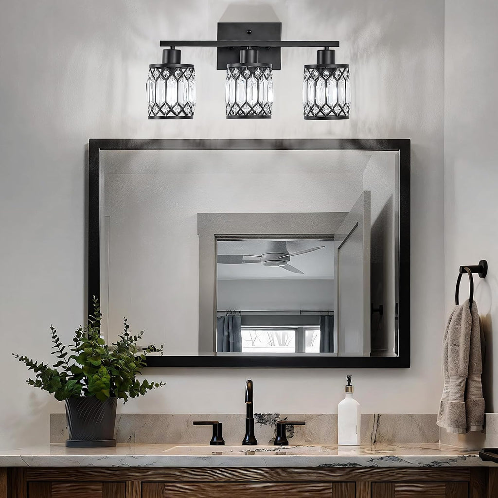 Crystal Modern Bathroom Light Fixtures, 3-Light Black Bathroom Vanity Wall Light, Vanity Lights for Mirror, Restroom