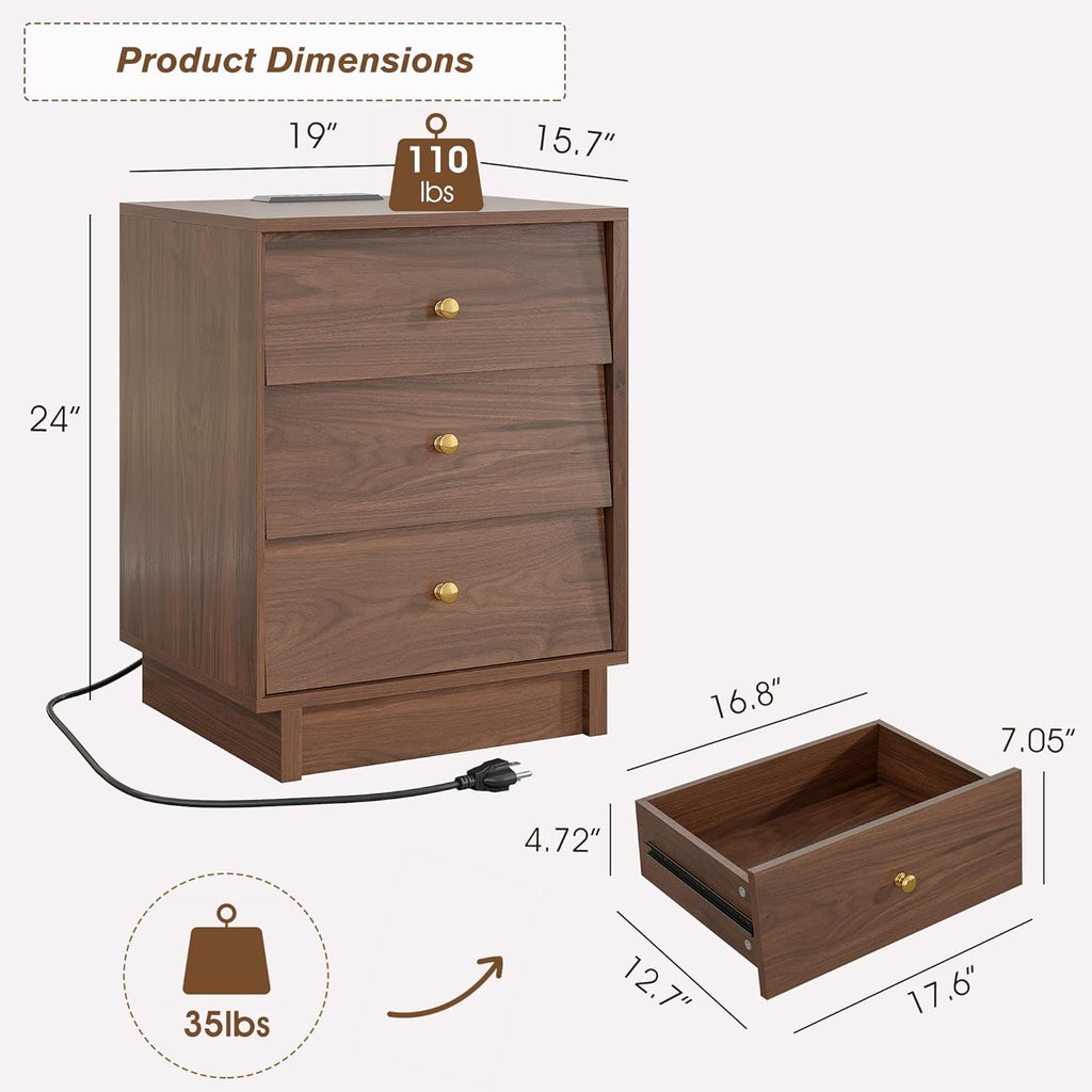 Nightstand with 3 Drawers and Charging Station, Mid Century Modern Bedside Table, 19" Wide Wood End Table with