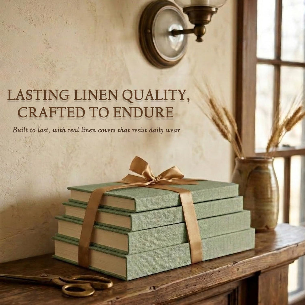 Decorative Books Decor-Set of 4 Real Linen Decorative Books, Stacked Books with Wood Bead Garland, Jute Twine & Satin