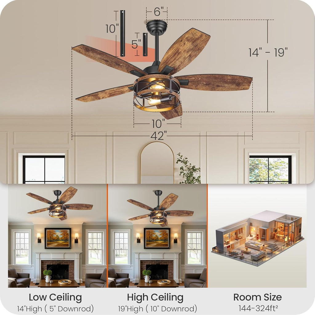 42 Inch Farmhouse Ceiling Fan with Lights and Remote, Timer, Dual Finish 5 Blades (Rustic Brown and Black), 6 Speeds