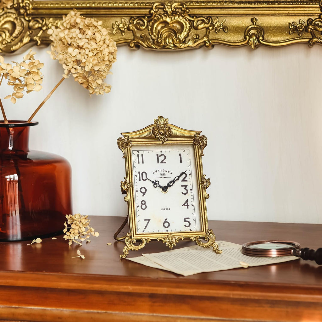 HOME Vintage Gold Table Clock, Silent Non-Ticking Battery Operated Retro Desk Shelf Mantel Small Metal Clock for