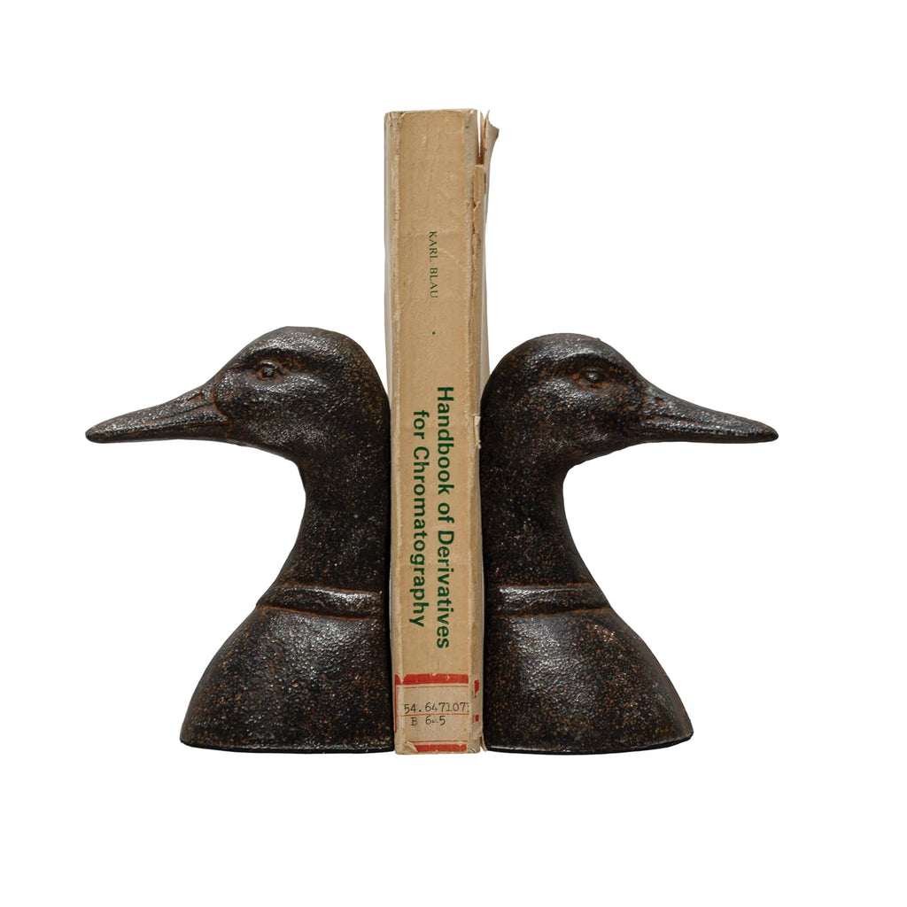 Decorative Distressed Cast Metal Duck Head Bookends, Black, Set of 2