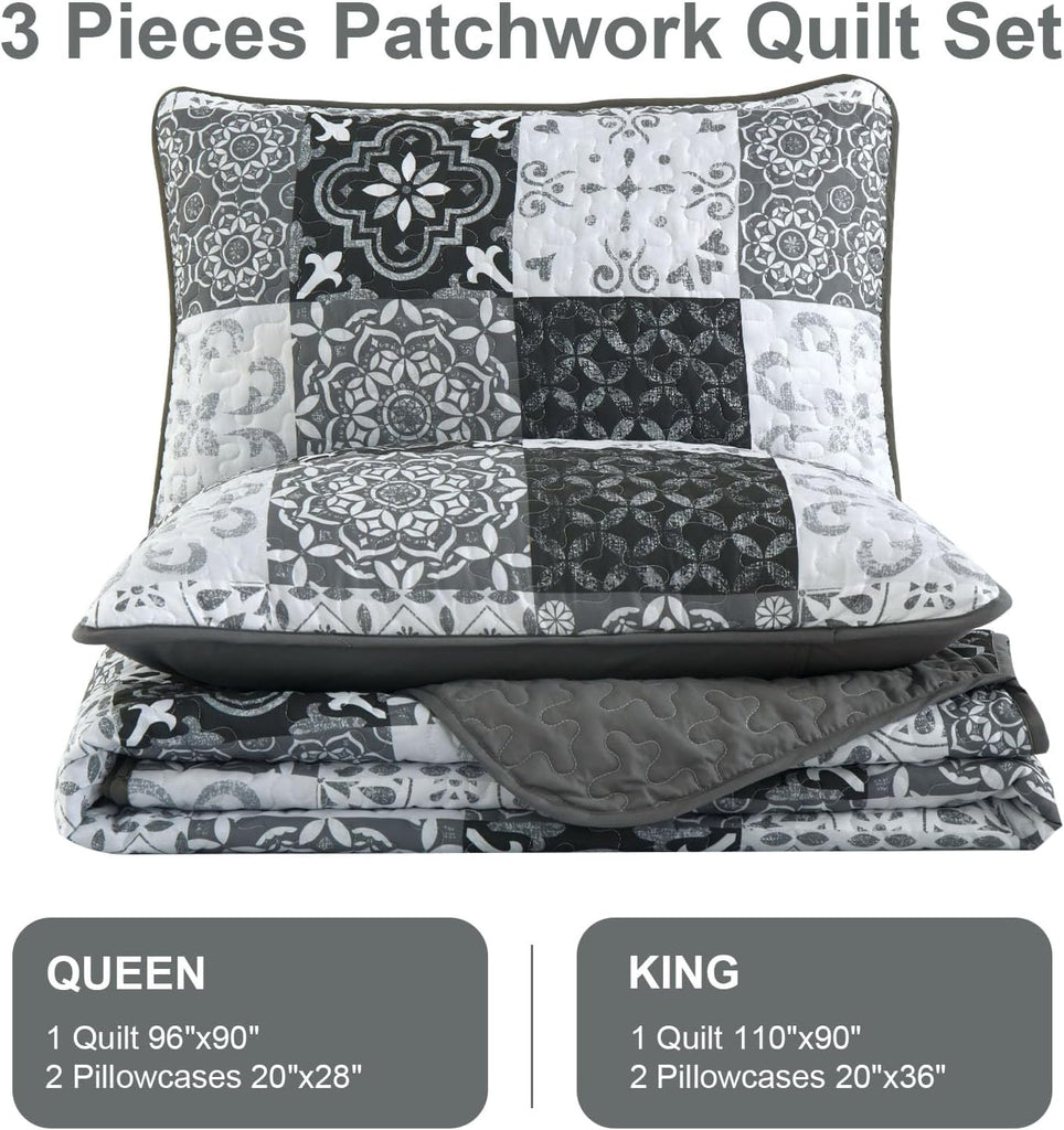 Grey Black Quilt Set, Boho Plaid Patchwork Bedspreads Coverlet Set, 3 Pieces Soft Lightweight Microfiber