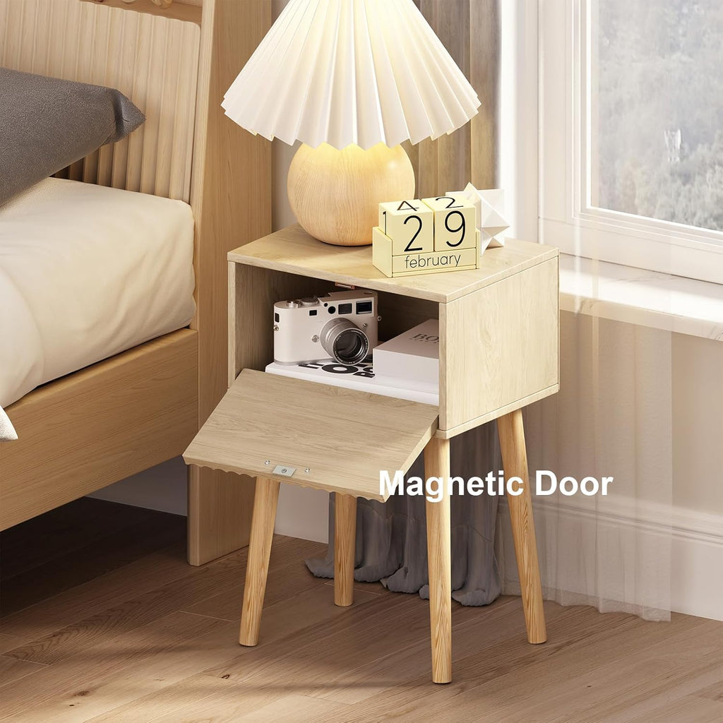 Nightstands Set of 2, Small Side Table, Bedside Table with Fluted Door, Solid Wood Feet; Modern Mid-Century End Table