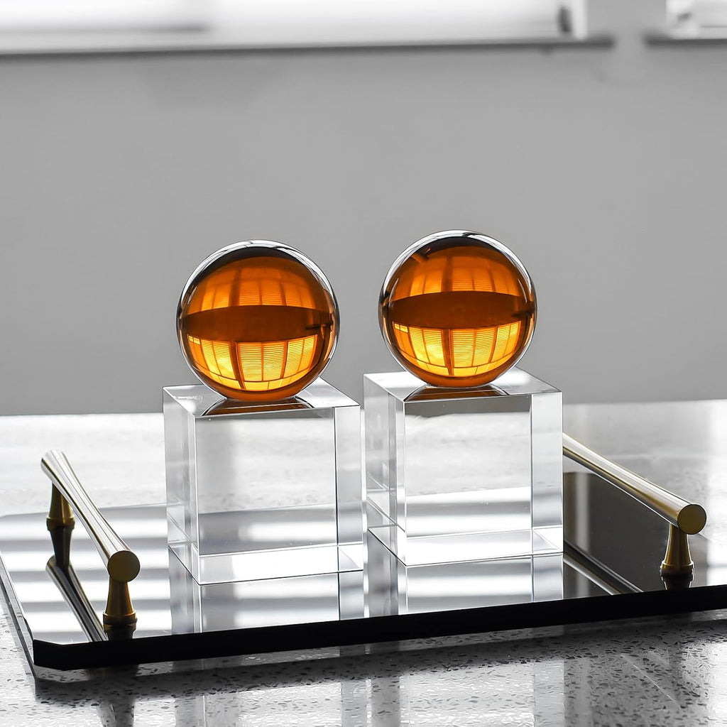 Crystal Bookends, 1 Pair of Decorative Tabletop Bookends , Desk, Comes with Gifed Box, Amber