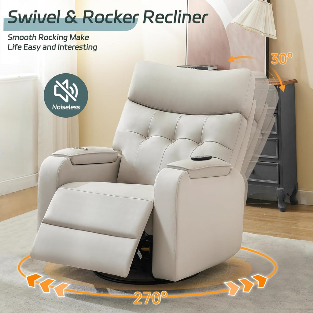 Swivel Rocker Recliner with Massage & Heat, PU Leather Rocking Recliner with Type-C Port & Timing, Oversized Power