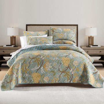 Cotton Bedspread Quilt Sets Reversible Bedding Coverlet Sets Comforter, Vintage Floral Farmhouse Pastoral Turquoise - Set of 3