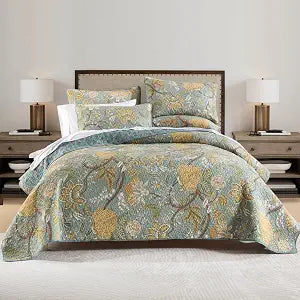 Cotton Bedspread Quilt Sets Reversible Bedding Coverlet Sets Comforter, Vintage Floral Farmhouse Pastoral Turquoise - Set of 3