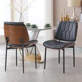 Mid-Century Modern Dining Chairs Set of 2, Upholstered PU Leather Accent Chairs with Walnut Bentwood Back, Armless Kitchen Chairs, Black