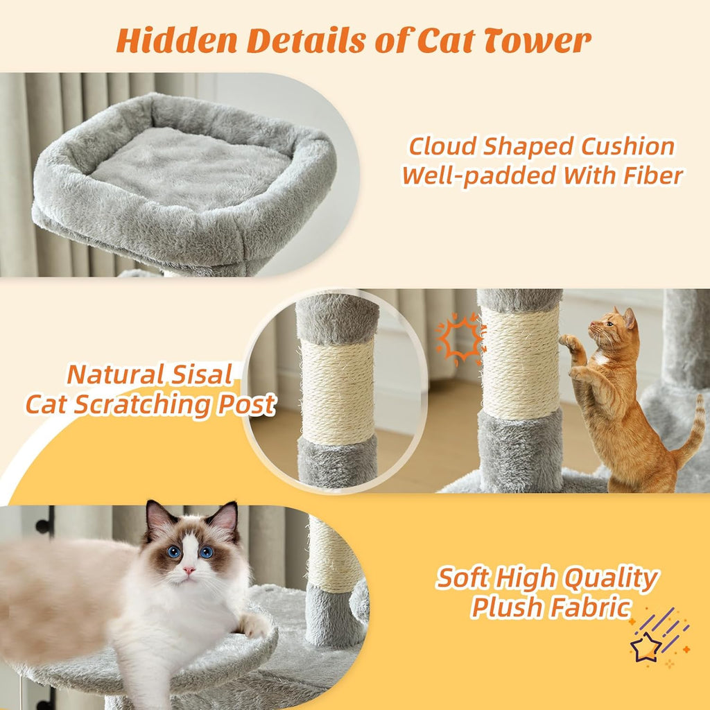 44 Inch Cat Tree Tower, Cat Climbing Tower with Natural Sisal Scratching Posts, Hammock