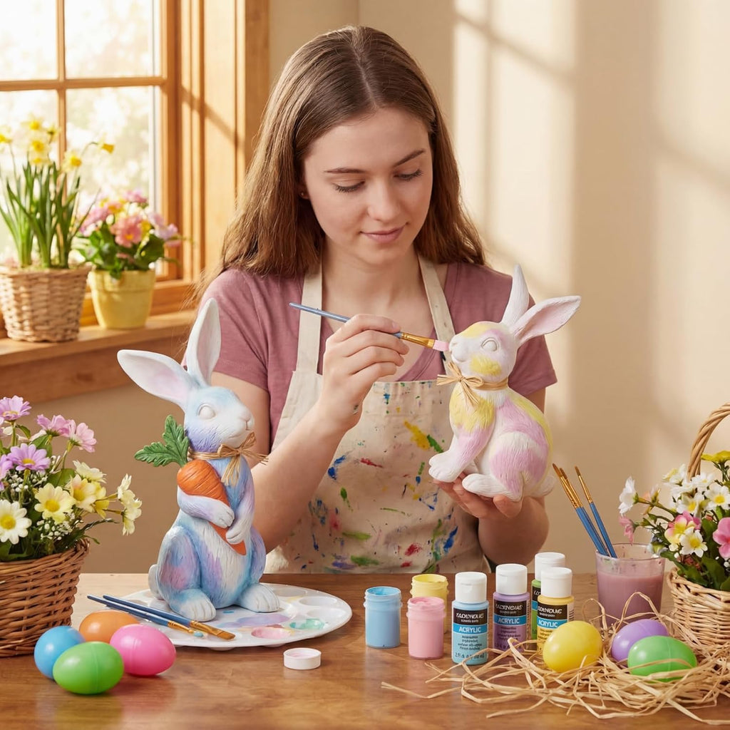 Easter Bunny Figurines Decorations Rabbit Resin Statues Easter Figure Statues Beige Rabbit Figurines - Set of 2