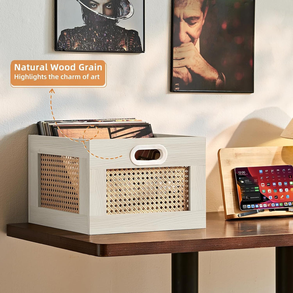 2 Pack Vinyl Record Storage Crates, Rattan Vinyl Record Holder