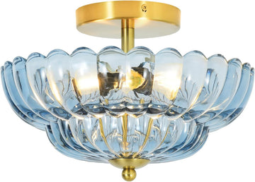 3-Light 12 Inch Blue Semi Flush Mount Ceiling Light | Modern Flush Mount Ceiling Light with Flower Glass Shade