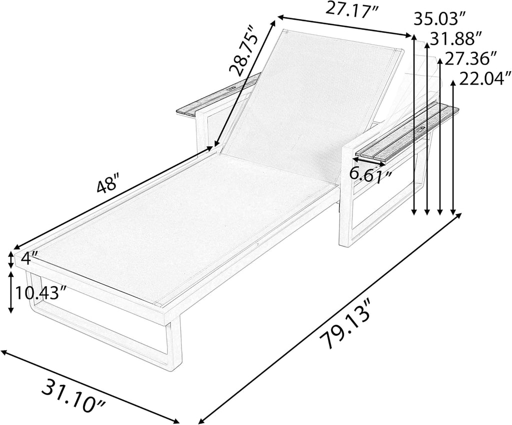 Acacia Wood Chaise Lounge Chair Outdoor with Foldable Armrests, Adjustable Backrest Sun Lounger Recliner