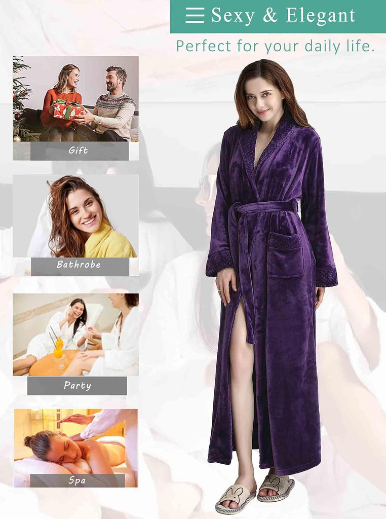 Womens Long Fleece Robe: Plush Flannel Warm Bathrobes | Winter Soft Shawl Collar Bath Robe with Adjustable Waist Belt