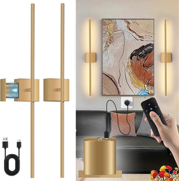 Battery Operated Wall Sconces Set of 2, USB Rechargeable Wall Lights with Remote Control, 360° Rotation, 6000mAh