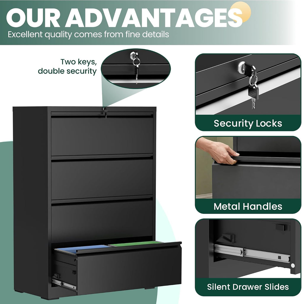 4 Drawer Lateral File Cabinet with Lock, File Cabinet ,Black | Heavy-Duty Steel Locking File Cabinet, Hanging