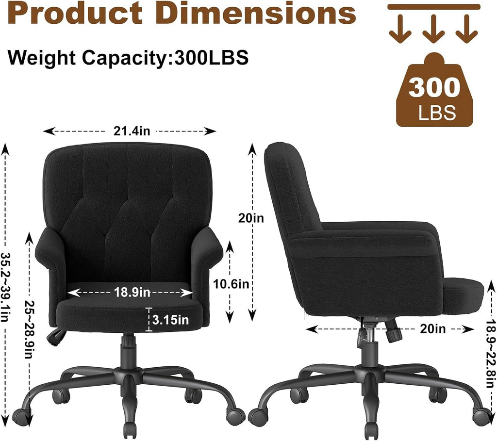 Comfy Home Office Desk Chair, Upholstered Fuzzy Vanity Chair with Wheels and Arms, Modern Adjustable Swivel Computer