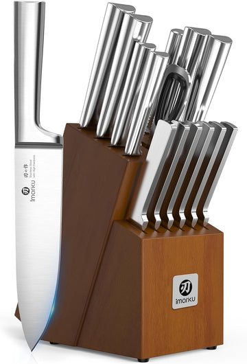 Knife Set - Kitchen Knife Set 15 Pieces Japanese Stainless Steel Knife Block Set with Sharpener - Dishwasher Safe