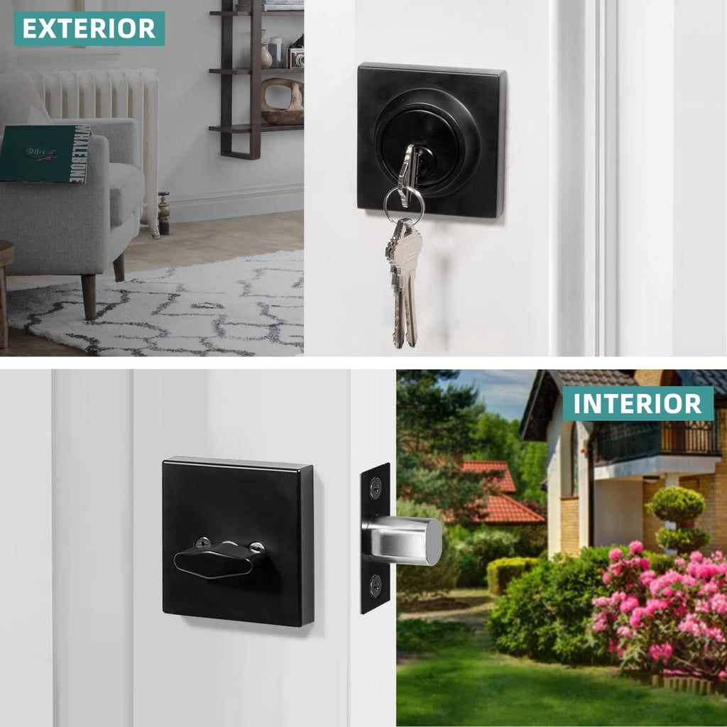 Square Single Cylinder Modern Deadbolt Lock with Keys, Matte Black Deadbolt for Front Door Entrance, Front Door