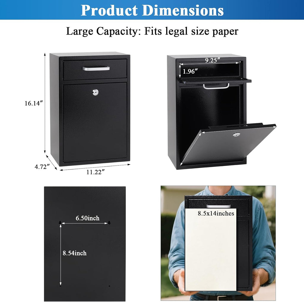Locking Mailbox Mount Mailboxes Large, Security Drop Box with Lock, 16.2H x 11.22L x 4.72W Inches, Black XLarge