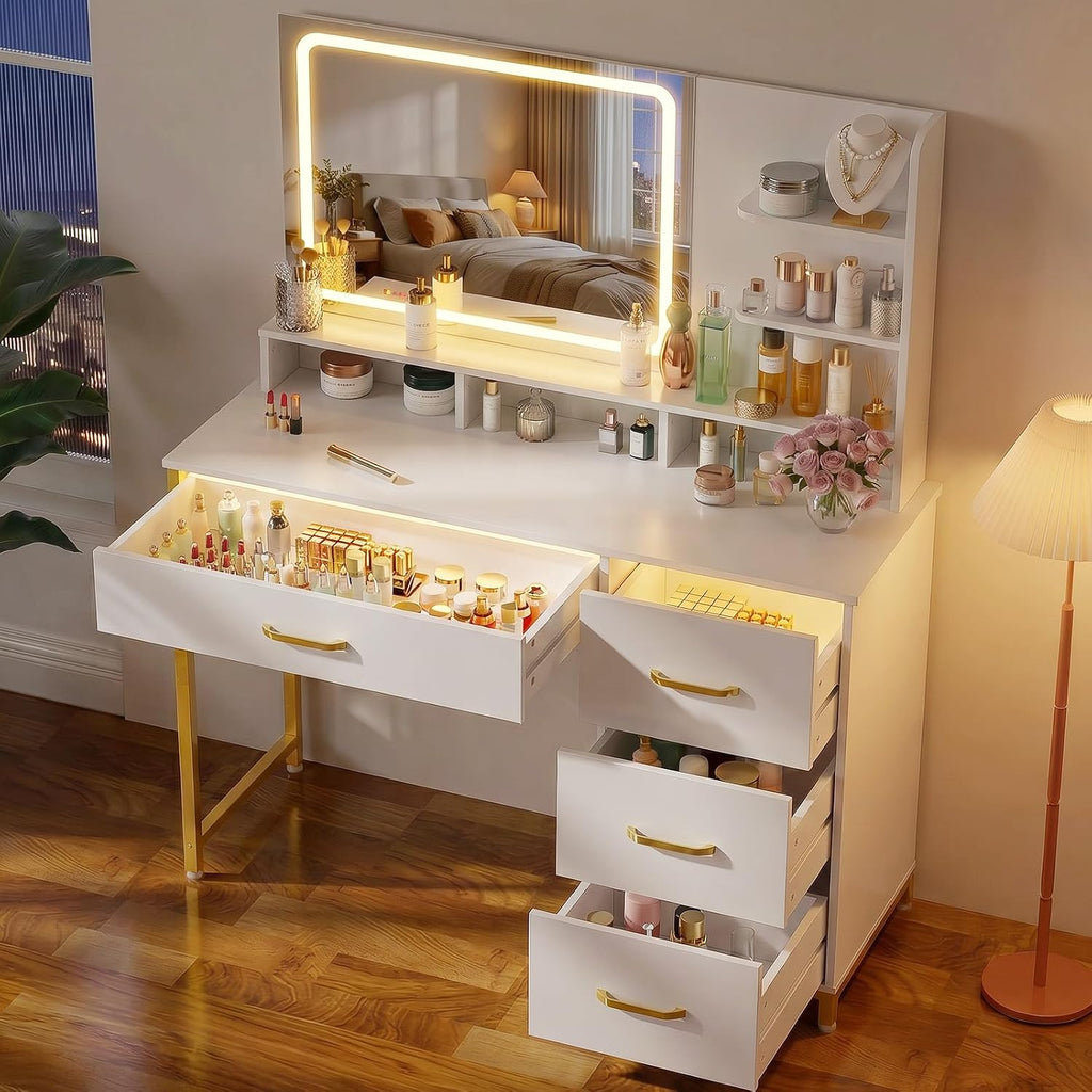 Vanity Desk with LED Lights Mirror, Makeup Vanity with Storage Drawers and Shelves, Modern Dressing Table for Women