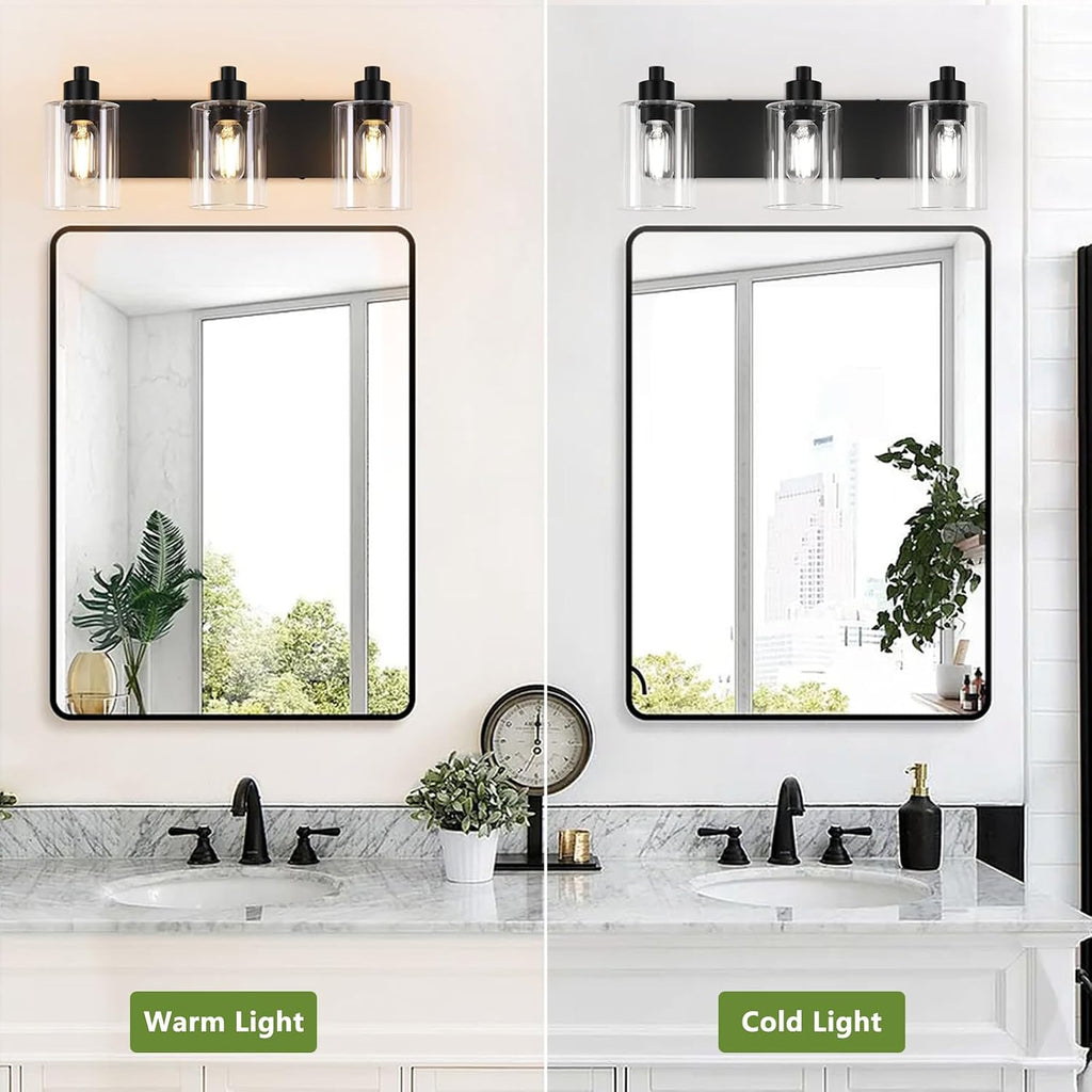 Bathroom Light Fixtures,Matte Black 3-Light Bathroom Lights Over Mirror with Clear Glass Shade,Wall Sconces Living