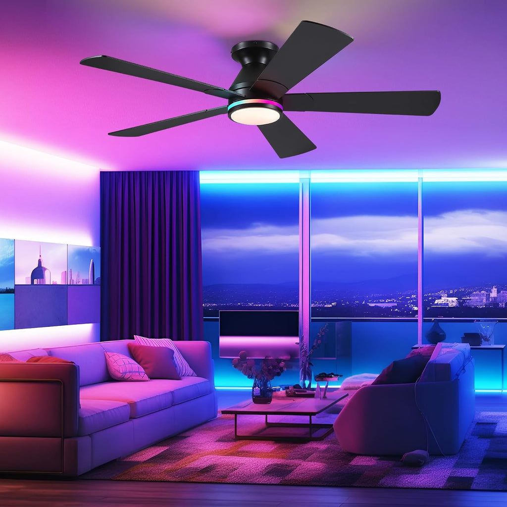 52In Black RGB Ceiling Fans with Lights - Flush Mount Low Profile Ceiling Fan Light with Remote/APP, RGB+3CCT 6 Wind Speeds and Reversible, Modern Fan Light Fixture for Party, Kid's Room