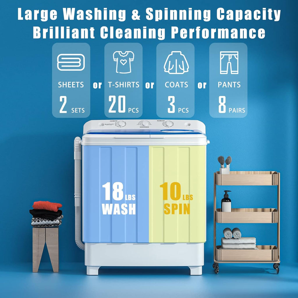 Portable Washing Machine, 28lbs Twin Tub Washer Mini Compact Laundry Machine with Drain Pump, Semi-automatic 18lbs