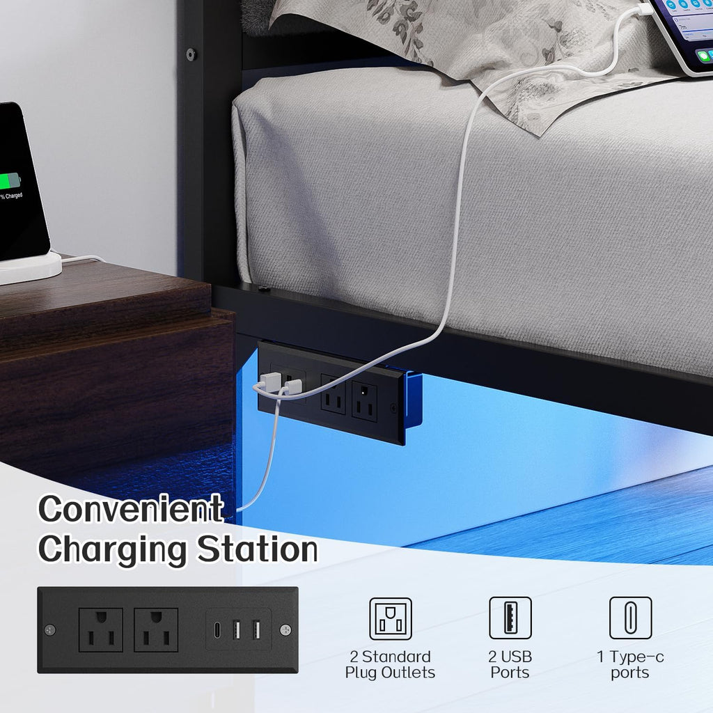 Twin Bed Frame with Headboard Metal Platform Bed Twin with USB Charging Station and LED Lights, No Box Spring Needed